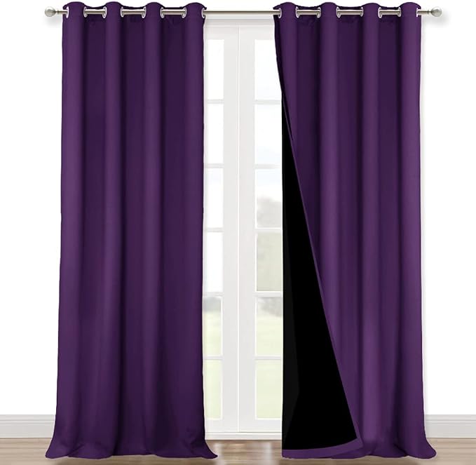 NICETOWN 100% Blackout Curtains with Black Liner Backing, Thermal Insulated Curtains for Living Room, Noise Reducing Drapes, Royal Purple, 52" Wide x 102" Long Per Panel, Set of 2 Panels