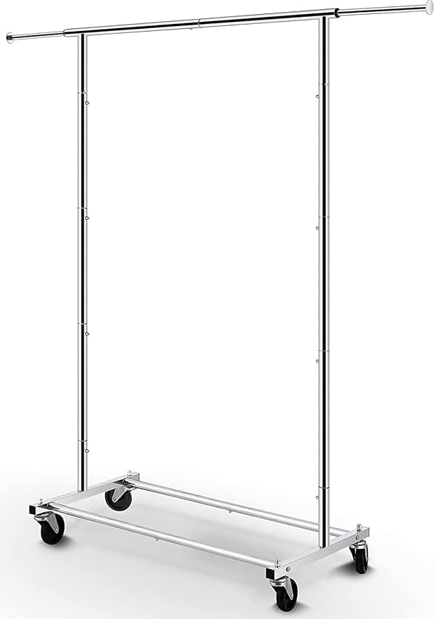 Simple Trending Clothing Garment Rack, Extendable Clothes Organizer, Chrome | Clothes Rack with Bottom Storage Shelf, 360° Wheels, Waterproof and Rust-resistant, Multiple Uses, Bedroom, Laundry Room