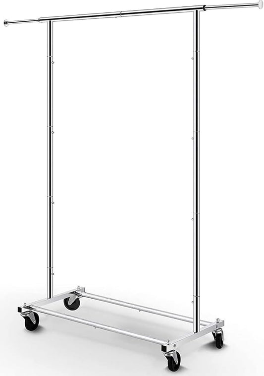 Simple Trending Clothing Garment Rack, Extendable Clothes Organizer, Chrome | Clothes Rack with Bottom Storage Shelf, 360° Wheels, Waterproof and Rust-resistant, Multiple Uses, Bedroom, Laundry Room
