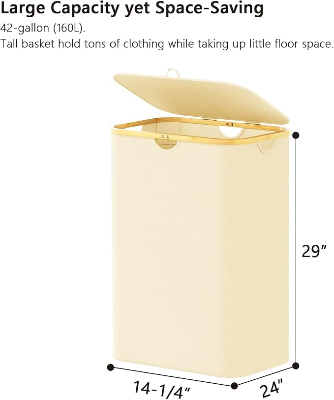 SpaceAid Double Laundry Hamper 2 Section with Lid and Removable Laundry Bags, 160L Clothes Basket with Bamboo Handles, Large Collapsible Hamper for Bedroom, Bathroom, Dorm, Laundry Room - Beige