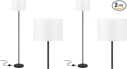Modern Floor Lamp Simple Design with White Shade, Foot Pedal Switch, 60" Small Tall Lamps for Living Room Bedroom Office Dining Room Kitchen, Black Pole Lamp(Without Bulb) (Pack of 2)