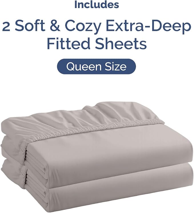2 Pack Extra Deep Queen Fitted Sheets with Extra Deep Pockets - Light Grey | Hotel Luxury Bottom Fitted Sheets Only, Soft, Fade & Wrinkle Free, Breathable & Comfy, All Around Elastic Fitted Sheets
