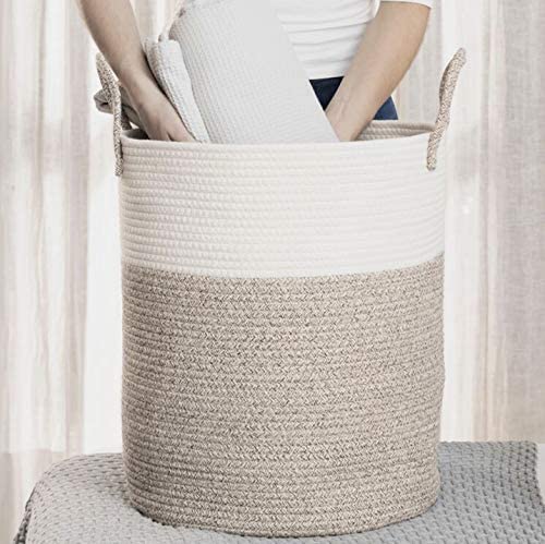 OrganiHaus Tall Cotton Rope Laundry Basket & Hamper, Blanket Storage 52L | Brown / Off-White - Tall Cotton Rope Hamper, 52L