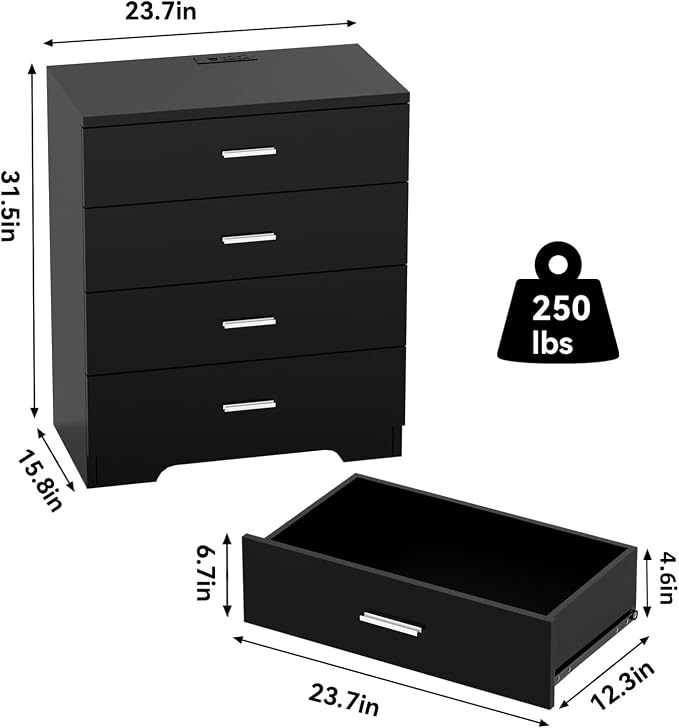FJTJBSI Dresser with Power Outlets Wooden 4 Drawer Dresser with USB and Type C Port Chest of Drawers for Bedroom Tall Black Organizer Storage for Living Room Hallway Closet