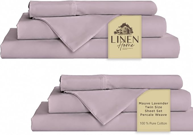 Linen Home 100% Cotton Percale Sheets Twin Size Pack of 2, Mauve Lavender, Deep Pocket, 6 Pieces Set- 2 Flat, 2 Fitted and 2 Pillowcases, Crisp Cool and Long Staple Strong Bed Linen