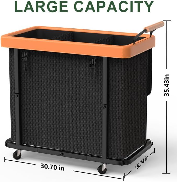 Laundry Hamper 3 Section with Lid,230L Rolling Dirty Clothes Hamper Black | Laundry Basket with Wheels,Laundry Organizer Storage Cart with Sturdy Metal Frame and Wooden Handle for Laundry Room, Hotel