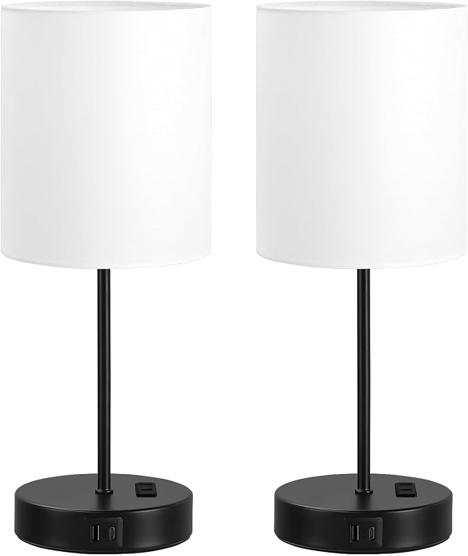 White Black Touch Lamps for Bedroom Set of 2, Dimmable, USB C+A, AC Outlet | Large 17.6" Tall Lamp, 3-Way Dimming, 5000K Daylight Bulbs, White Lampshade Black Base, for Living Room, Boys, Men, Girls