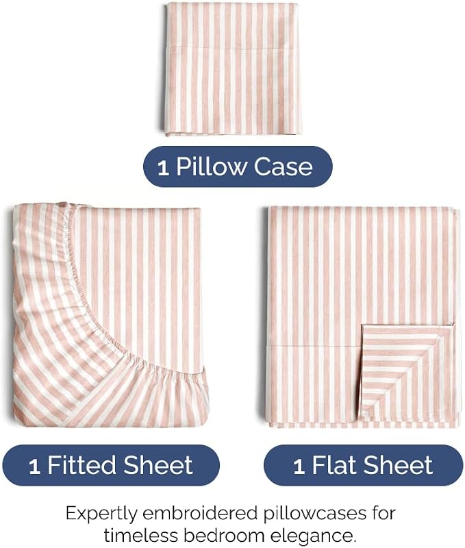 Twin Size 3 Piece Sheet Set - Ultra Soft & Cooling Sheets - Blush Stripes 1 | Fits 8 Inch to 16 inch Mattress, Wrinkle Free & Fade Resistant with Deep Pockets, Breathable, Comfy Hotel Luxury Bedding