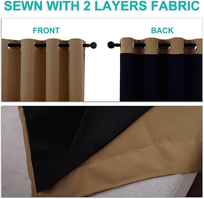 NICETOWN Blackout Curtains 84 inches Long, 2 Pieces, 42" Wide Each Panel, Gold Brown, Full Light Blocking Drapes with Black Liner for Nursery, Thermal Insulated Draperies for Hall, Villa
