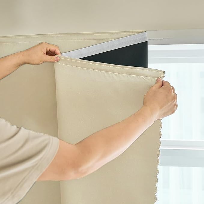 AJAZZ 100% Blackout Shades Window Cover Self Adhesive Curtains Sticky Curtain Portable Easy Open Black Out Curtains for Bedroom Living Room No Drilling (Beige, 59" W x 72" L 1 Panel)