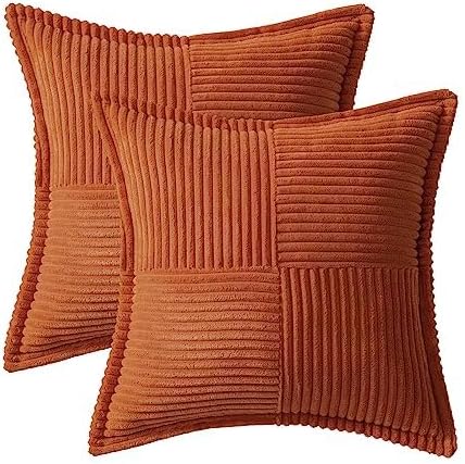 MIULEE Fall Burnt Orange Decorative Euro Sham Throw Pillow Covers 22x22 in | 2 Pack, Terracotta Boho Broadside Striped Patchwork Pillow Covers, Soft Corduroy Cushion Cases, For Bed Couch Sofa Livingroom