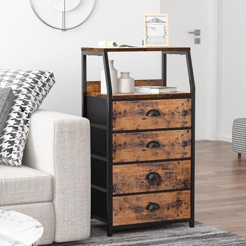 Furnulem Tall Night Stand, Bedside Table for Bedroom, Small Fabric Dresser | Rustic Brown Dorm Closet Organizer, Vertical Storage Drawer, 2-Tier Shelf, Sturdy Steel Frame, Wood Top