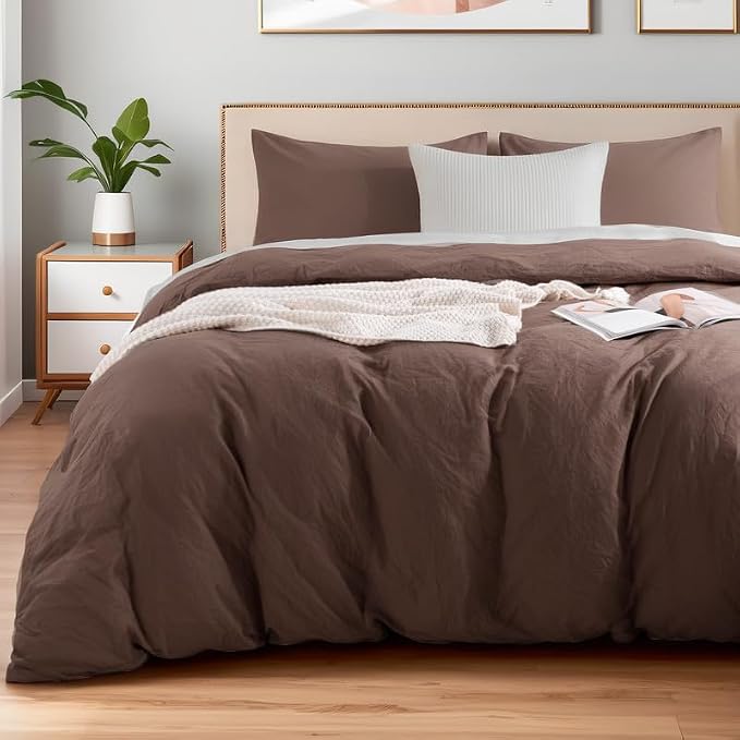 NEXHOME PRO Queen Duvet Cover Set 100% Certified Organic Cotton with Washed Feel & Linen-Like Texture, Comfortable & Breathable, Home Bedding Set Dark Brown (No Comforter)