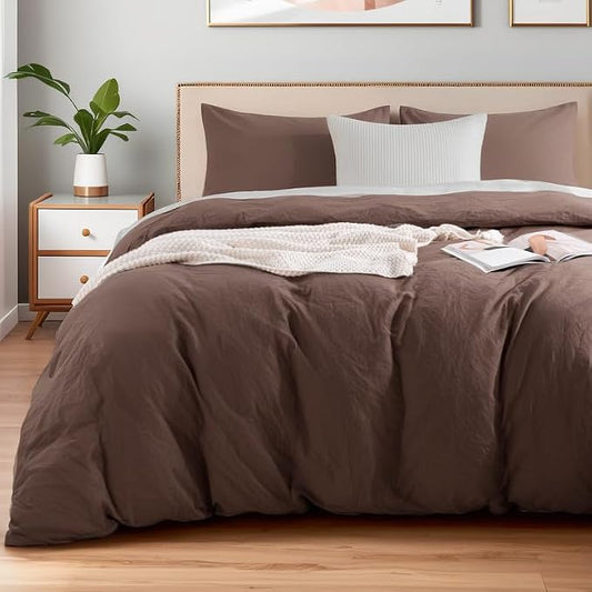 NEXHOME PRO Queen Duvet Cover Set 100% Certified Organic Cotton with Washed Feel & Linen-Like Texture, Comfortable & Breathable, Home Bedding Set Dark Brown (No Comforter)
