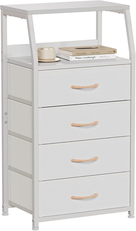 Furnulem Tall Nightstand with 4 Fabric Drawers, Small Dresser for Bedroom | White Dorm Bedside Table , Dresser for Closet, Storage Drawer for Living Room, Entryway, Furniture, Metal Frame, Wood Top