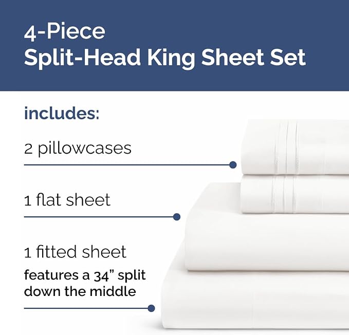 Flex Top Split Head King 4 Piece Sheet Set - Soft & Cooling - Antique White | Cooling Bed Sheets Set, Hotel Luxury Bedding for Women & Men with Deep Pockets, Wrinkle Free & Fade Resistant, Oeko-Tex