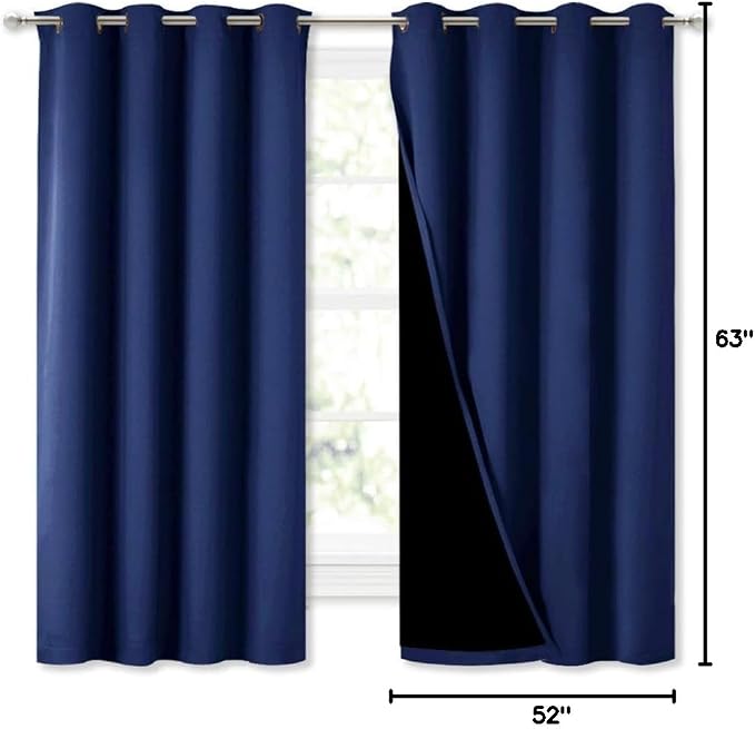 NICETOWN 100% Blackout Curtain Panels, Thermal Insulated Black Liner Curtains for Nursery Room, Noise Reducing and Cold Blocking Drapes for Windows (Royal Blue, Set of 2, 52-inch Wide by 63-inch Long)