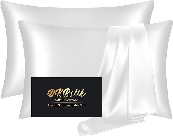 Silk Pillowcase 2 Pack, Mulberry Silk Pillow Cases Queen Size Set of 2, Anti Acne Silk Pillowcase for Hair and Skin, Natural Silk Satin Pillowcases Gifts for Women Men 2 Pack with Hidden Zipper, White