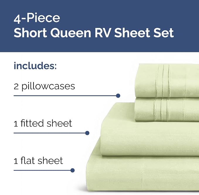 Short Queen Size 4 Piece Bed Sheet Set - RV Short Queen - Light Sage Green | Ultra-Soft, Breathable & Cooling Bed Sheets Set with Deep Pockets, Hotel Luxury Bedding for Women & Men, Wrinkle & Fade Free