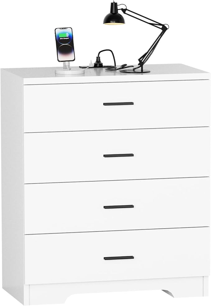 FJTJBSI Dresser with Power Outlets Wooden 4 Drawer Dresser with USB and Type C Port Chest of Drawers for Bedroom Tall White Organizer Storage for Living Room Hallway Closet