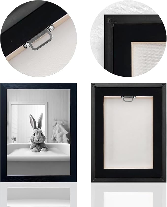 Kids Bathroom Decor, Black and White Cute Animal Canvas Wall Art, Funny Rabbit in Bathtub, Framed Farmhouse Picture Wall Decor Print Artworks for Bathroom