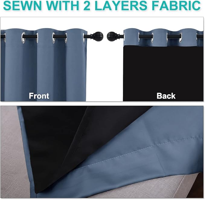 NICETOWN 100% Blackout Curtains for Windows, Pack of 2, Stone Blue, 52" W x 120" L, Super Heavy-Duty Black Lined Total Darkness Drapes for Bedroom, Privacy Assured Window Treatment for Patio