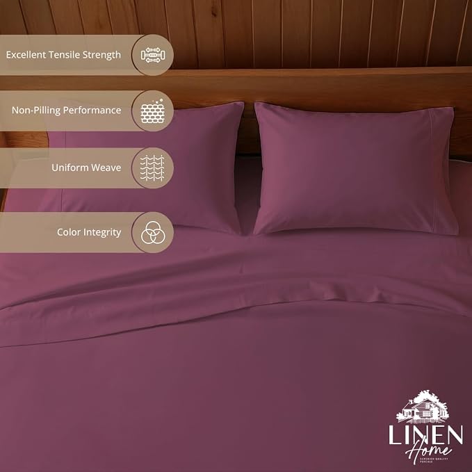 Linen Home 100% Cotton Percale Sheets Full Size, Damson Berry, Deep Pocket, 4 Pieces Set - 1 Flat, 1 Deep Pocket Fitted Sheet and 2 Pillowcases, Crisp Cool and Strong Bed Linen