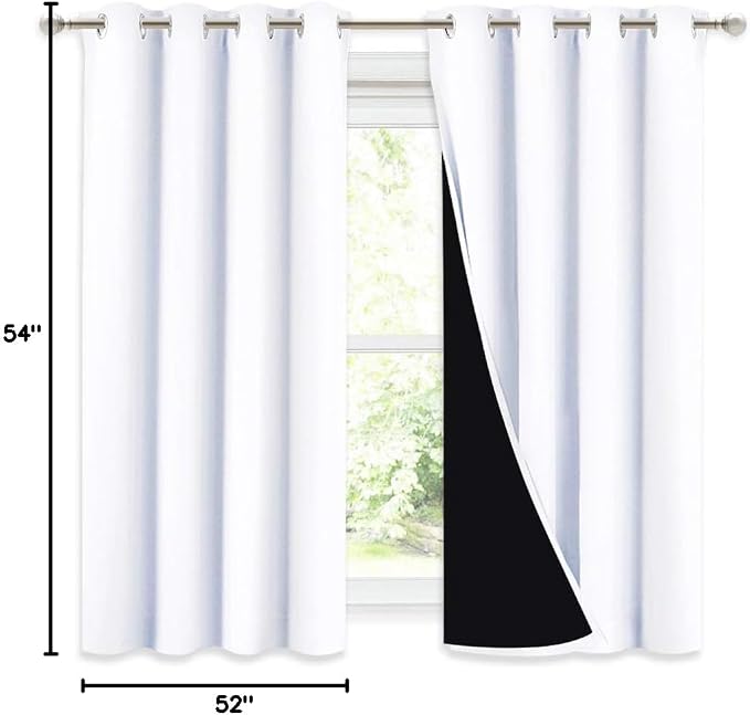 NICETOWN White Blackout Curtains for Window 52" Wide x 54" Long 2 Panels | Double-Deck Completely Blackout Thermal Insulated Lined Drapes for Small Window, Light Blocking Room Darkening Home Decor
