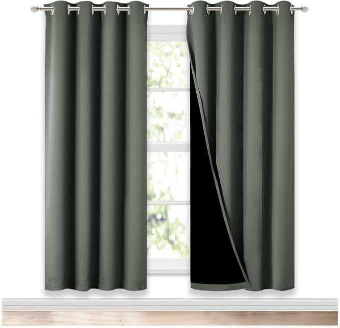 NICETOWN Dark Mallard Blackout Curtains for Nursery 52" w x 72" L 2 Panels | 100% Room Darkening Full Light Blocking Drapes with Black Liner, Thermal Insulated Draperies Window Decor for Bedroom Kitchen