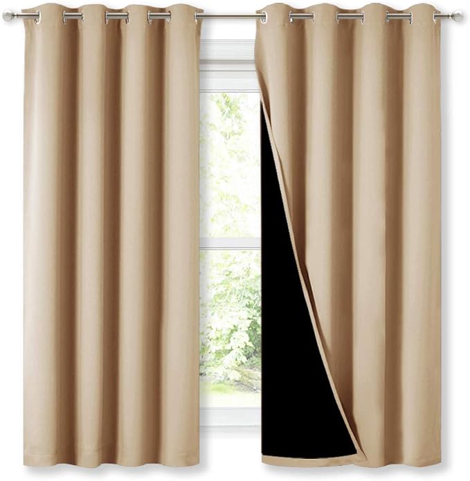 NICETOWN Biscotti Beige Blackout Curtains for Bedroom 52" x 63" 2 Panels | Super Thick Insulated Window Covers Complete Blackout Draperies with Black Liner for Short Window, Light Blocking Decor