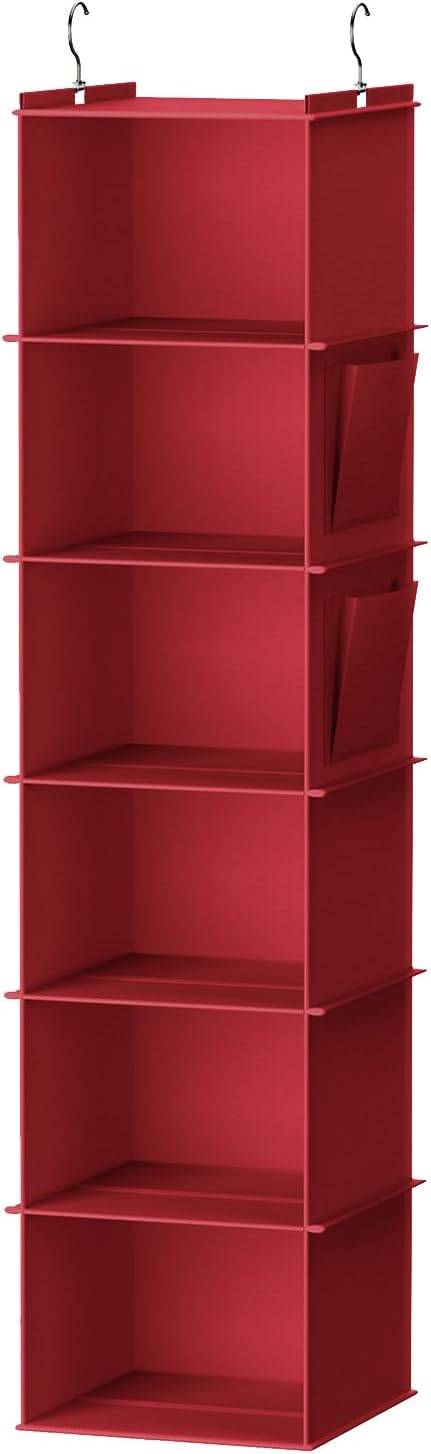 YOUDENOVA Hanging Closet Organizer and Storage, 6-Shelf, Dark Red | Breathable Fabric, Clothes Organizer with 2 Side Pockets, Hanging Shelves for Closet Storage, Dorm Room Essentials for Guys