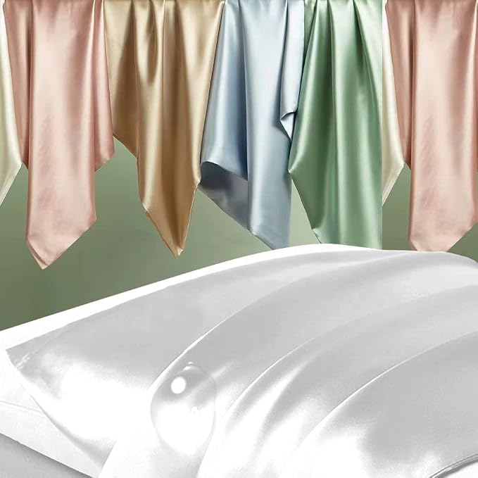 Silk Pillow Cases 2 Pack, Mulberry Silk Pillowcases Standard Set of 2, Health, Smooth, Anti Acne, Beauty Sleep, Both Sides Natural Silk Satin Pillow Cases for Women 2 Pack with Zipper for Gift,White