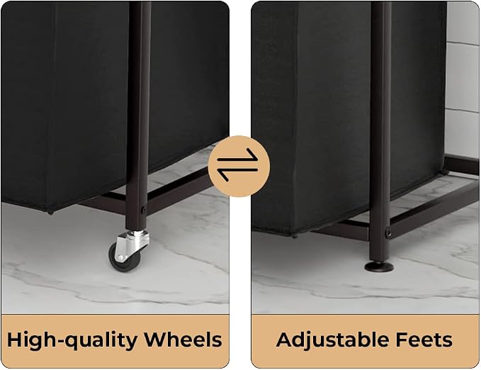 Herture Laundry Hampers with Shelf, Laundry Basket 3 Section, Laundry Sorter with Pull-Out Removable Large 3 Color Bags and Movable Wheels, Metal Frame, 3 x 15.87 Gallons (60L), Rustic Brown PF04XLN