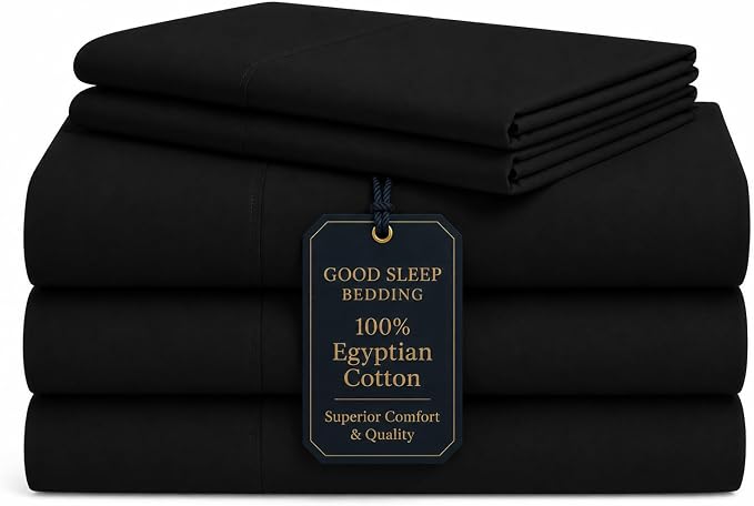Good Sleep Bedding Split King Sheet Set for Adjustable Bed, 5 Piece, 100% Egyptian Cotton King Split Sheets for Adjustable Bed, Sateen Weave, 16" Deep Pocket Sheet Set - Black