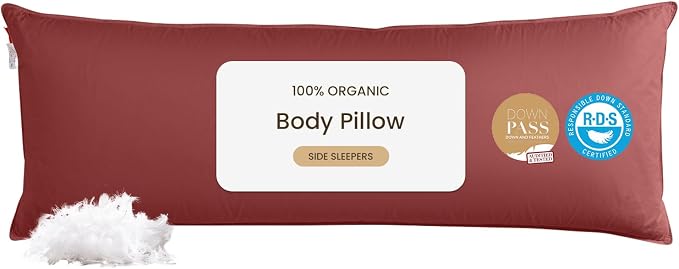 Goose Down Body Pillow for Adults, Burgundy, 20"x60" | Side Sleeper, Cooling Full Length, 100% Organic Cotton Shell, Feather Insert