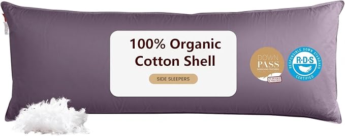 Goose Down Body Pillows for Adults, Large Body Pillow for Side Sleeper, Hugging Feather Body Pillow Insert, Cooling Full Length Long Pillow for Bed with 100% Organic Cotton Shell, 20"x60" Blackcurrant
