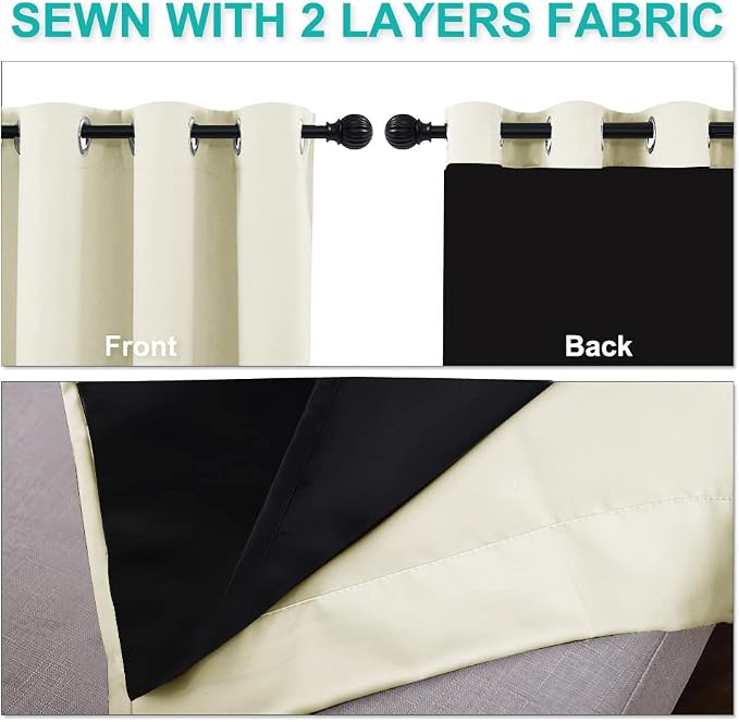 NICETOWN Beige Blackout Curtains for Living Room 37" w x 84" L 2 Panels | Completely Shaded Draperies Ring Top Drapes Black Lined Insulated Window Treatment, Privacy Protection Noise Reducing Decor