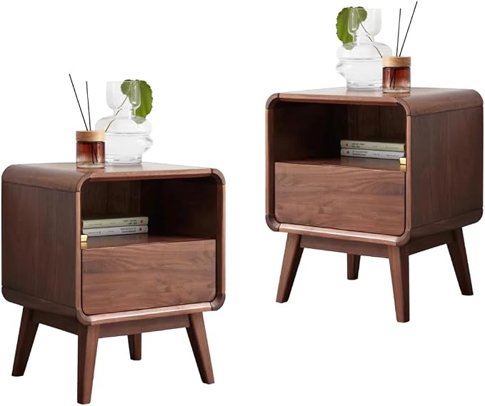 Solid Wood Nightstand Set of 2, Bedside Table Set of 2, Walnut Nightstands with Drawer, Wood Side Table with Open Storage, Modern Nightstand for Bedroom, End Table for Living Room