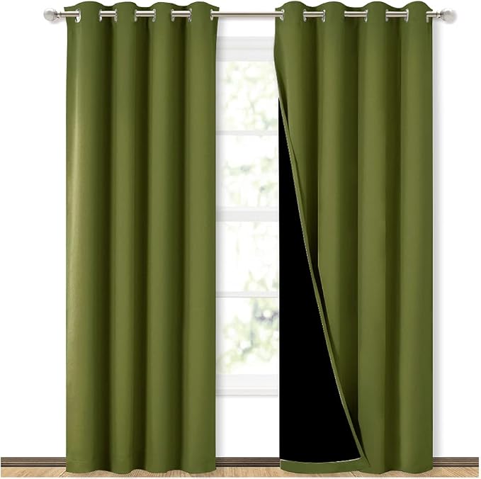 NICETOWN 100% Blackout Curtain Set, Thermal Insulated & Energy Efficiency Window Draperies for Guest Room, Full Shading Panels for Shift Worker and Light Sleepers, Olive Green, 52W x 84L, 2 PCs
