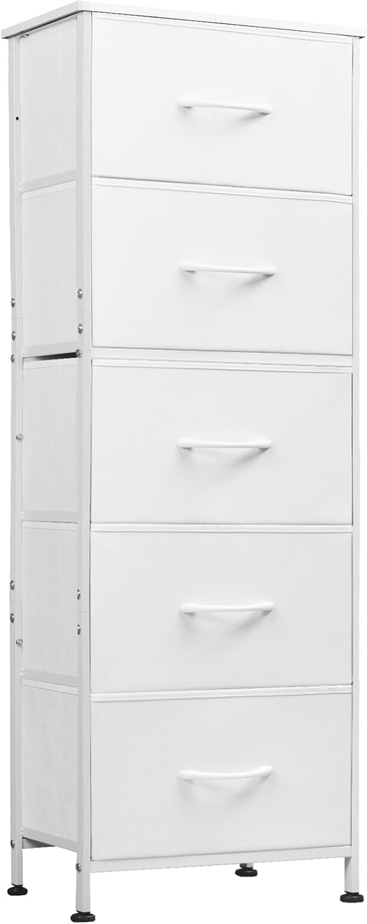 WLIVE Tall Dresser for Bedroom, 5 Drawer Dresser, White | 5 vertical fabric drawers, Tall vertical design, Bedroom or closet use, Dresser for small spaces, Chest of drawers