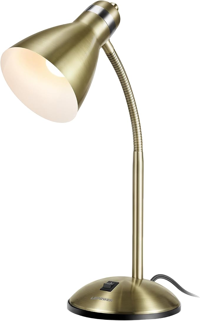 LEPOWER Metal Desk Lamp, Adjustable GooseNeck Reading Light for Bedroom | Compact & Sturdy, Space-Saving for Bedside & Dorm, E26 Table Lamp, Eye-Caring, Ideal for Study, Office, Back to School