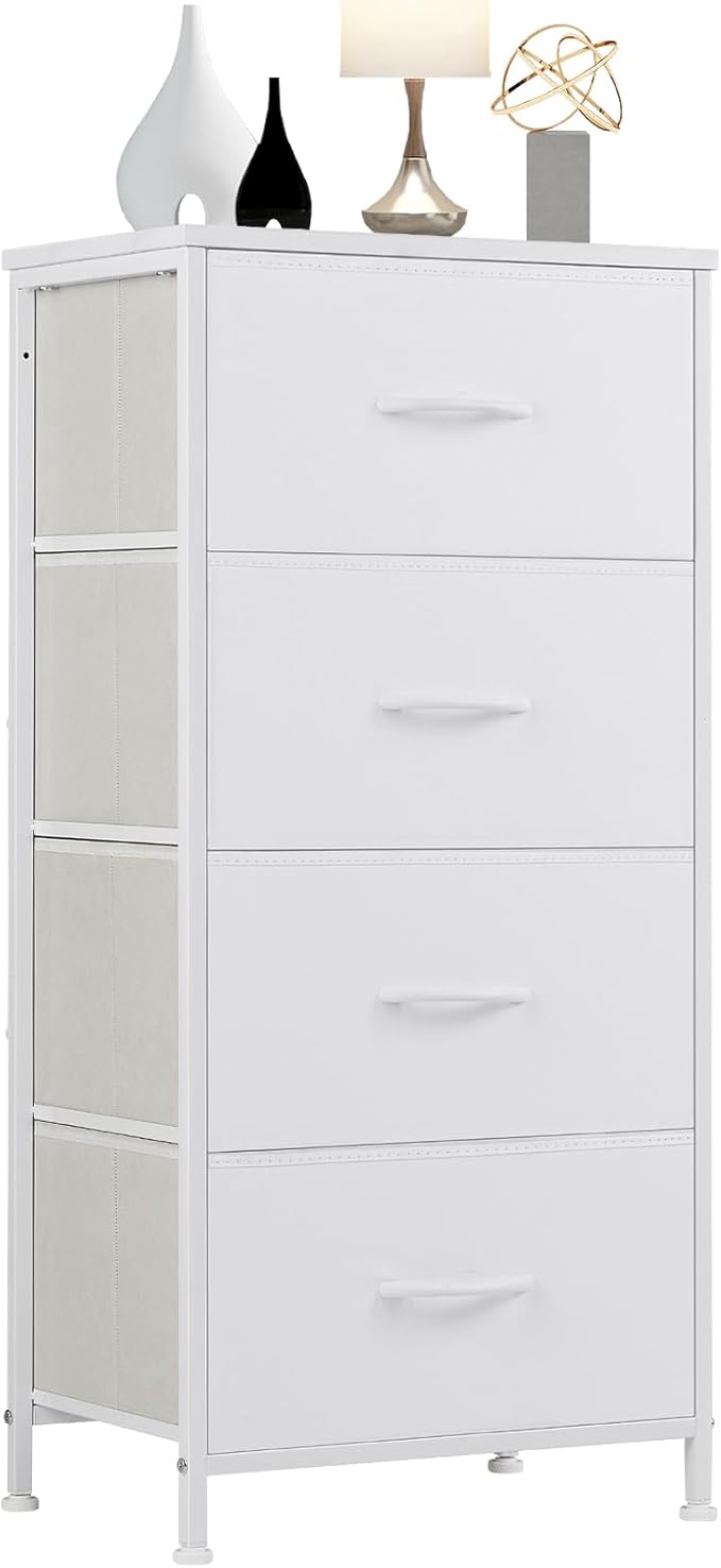 DUMOS Nightstand, Bedside Table with 4 Fabric Drawers | Night Stand with Removable Bins, Steel Frame Wood Top, Organizer Furniture for Bedroom Closet, Living Room, Chalky