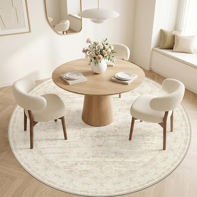 Round Area Rug Living Room: 8ft Washable Carpet Retro Beige | Vintage Boho Circle Soft Large Circular Carpet Bedroom Nursery Neutral Dining Room Indoor Decor Floor Non-Slip Under Table