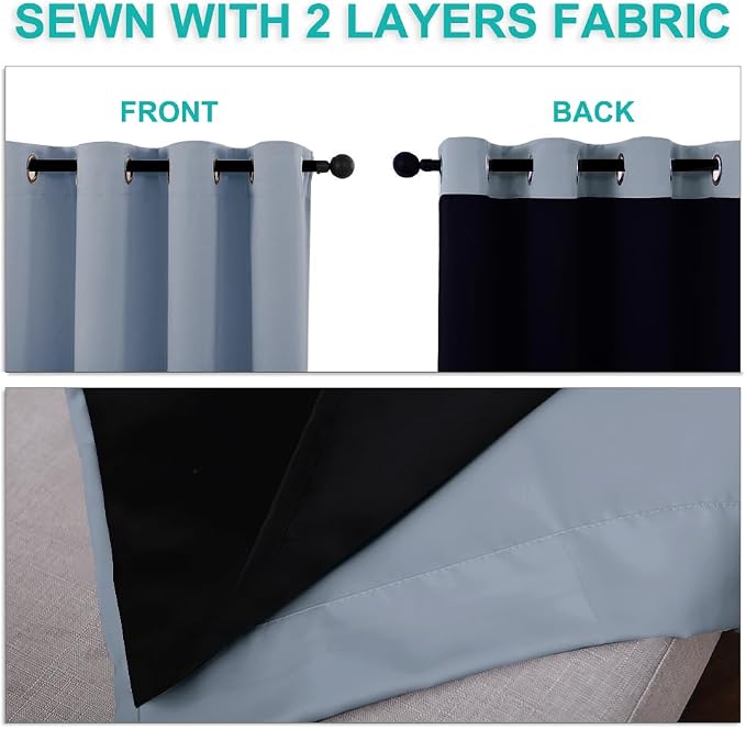 NICETOWN Vintage Blue Blackout Curtains for Baby Room 52" x 84" 2 Panels | 100% Room Darkening Energy Smart Noise Blocking Drapes for Guest Room Bedroom, Thermal Insulated Lined Window Dressing Decor
