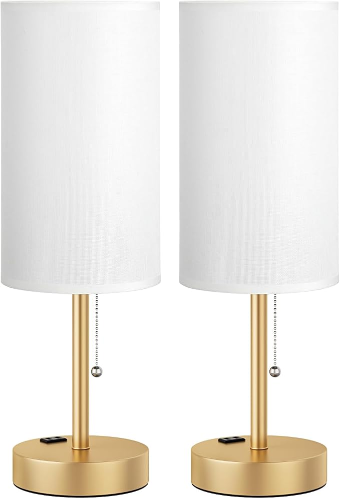 17.4" Gold Bedside Table Lamps Set of 2 - Bedroom Lamp, USB C+A, AC Outlet | 3CCT(3000/4000/5000K), LED Bulbs Included, White Fabric Lampshade, 17.4in Large Lamp for Nightstand, Living Room, Dorm, Desk