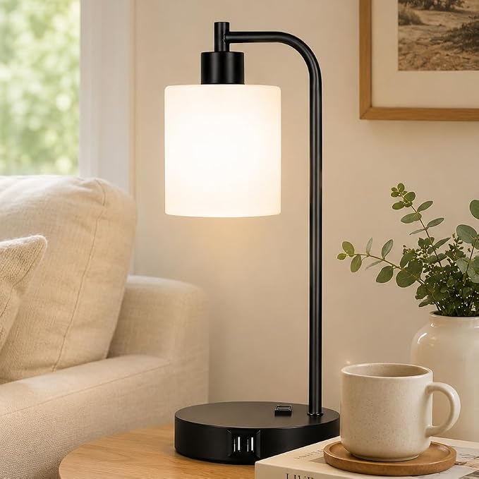 Set of 2 Industrial Touch Control Table Lamps with 2 USB Ports and AC Outlet - 3-Way Dimmable Black Bedside Lamp Nightstand Desk Lamps for Bedroom Living Room, Opal Glass Shade & 2 LED Bulbs Included