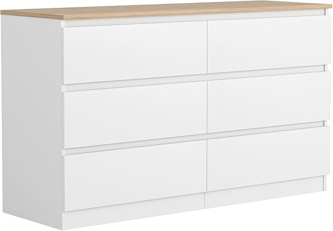 Vibe & Dine White Dresser for Bedroom, Modern 6 Drawer Double Dresser, Wide Chest of Drawers Free Handles for Closet, Living Room, Hallway