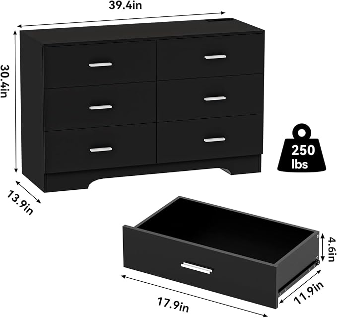 FJTJBSI Dresser with Power Outlets Wooden 6 Drawer Dresser with USB and Type C Port Chest of Drawers for Bedroom Tall Black Organizer Storage for Living Room Hallway Closet