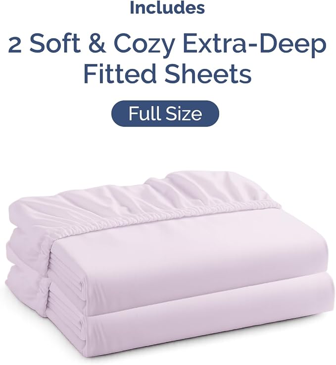 2 Pack Extra Deep Full Fitted Sheets with Deep Pockets - Light Lavender | Hotel Luxury Bottom Fitted Sheets Only, Soft, Fade & Wrinkle Free, Breathable & Comfy, All Around Elastic Fitted Sheets