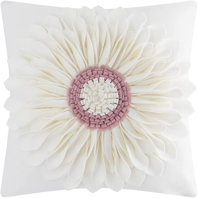 OiseauVoler 3D Flower Throw Pillow Covers, Cream White, 18 x 18 Inch | Decorative, Handmade, For Couch Bed Living Room, Farmhouse Home Decor